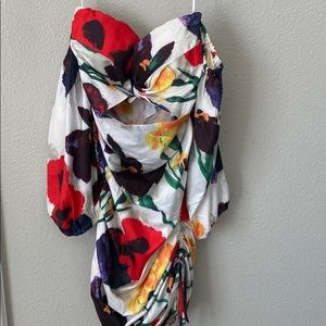 White off the shoulder or strapless floral dress